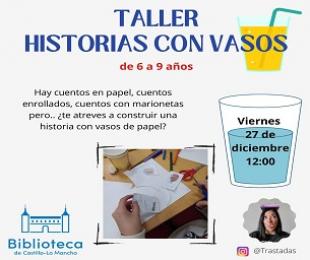 Cartel anunciador taller historias vasos de papel