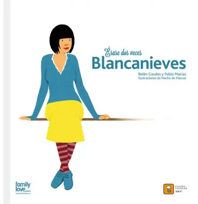 Ilustración de Blancanieves sentada sobre lo que parece un muro, con un jersey azul, una falda amarilla y unas medias de rayas rojas