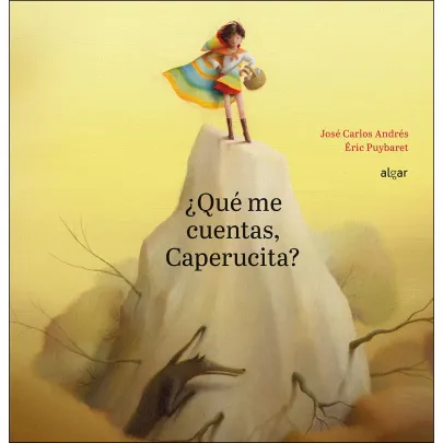 Imagen de Caperucita sobre una montaña. Abajo aparece el lobo