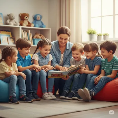 Imagen creada con IA grupo de niños leyendo