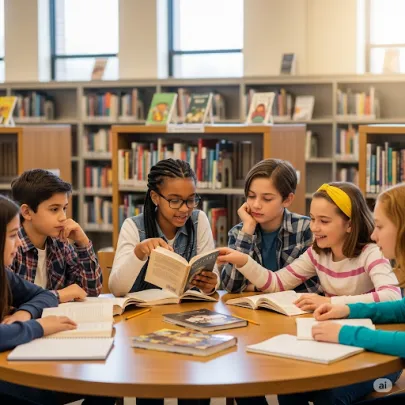 Imagen creada con IA grupo de niños leyendo