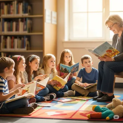 Imagen creada con IA grupo de niños leyendo