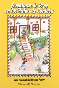 Dibujo que representa un patio de Córdoba con Pepe y un amigo robot. En una puerta con unas escaleras hay una mamá con un bebé