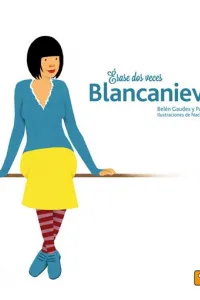 Ilustración de Blancanieves sentada sobre lo que parece un muro, con un jersey azul, una falda amarilla y unas medias de rayas rojas