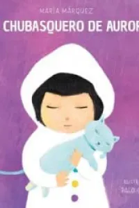Ilustracion de niña con un abrigo con capucha blanco, abrazada a un gato azul